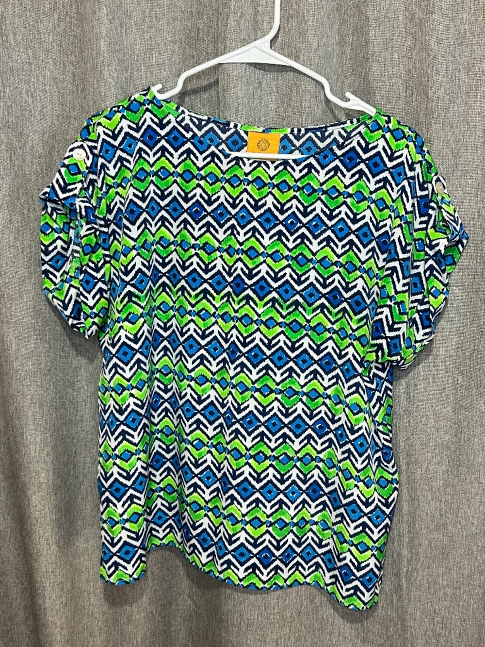 Ruby Rd. Geometric Ikat Print Short Sleeve Blouse - Size 10